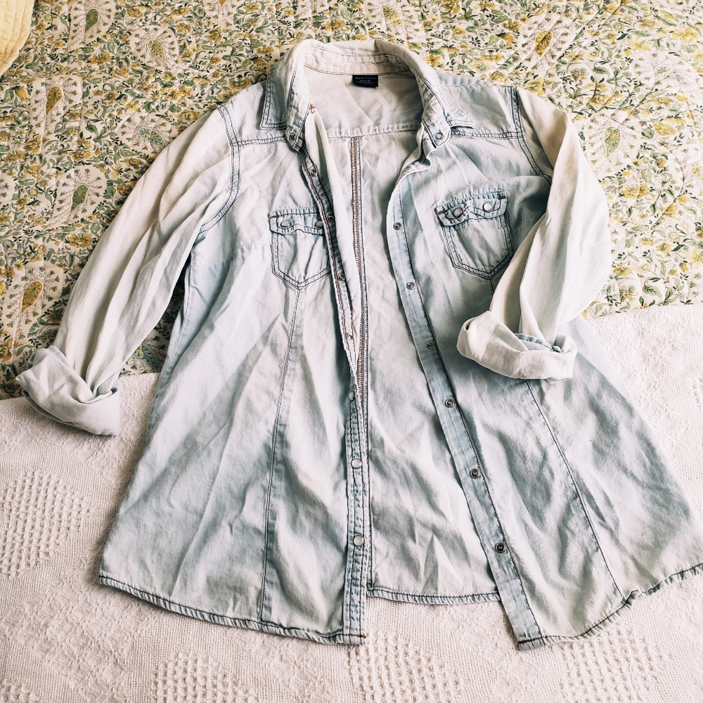 Sun faded light blue chambray button-down shirt